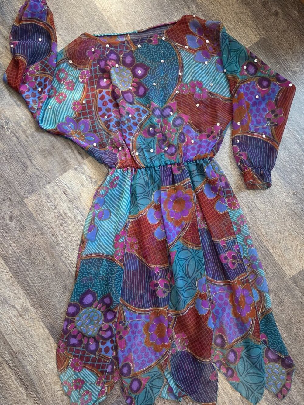Vintage 70's Dress Multi Color-Pattern Long Sleeve Open Flair Bottom Sz Med